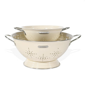 BeFare metal colander 2qt with sturdy riveted handles for easy rinsing.