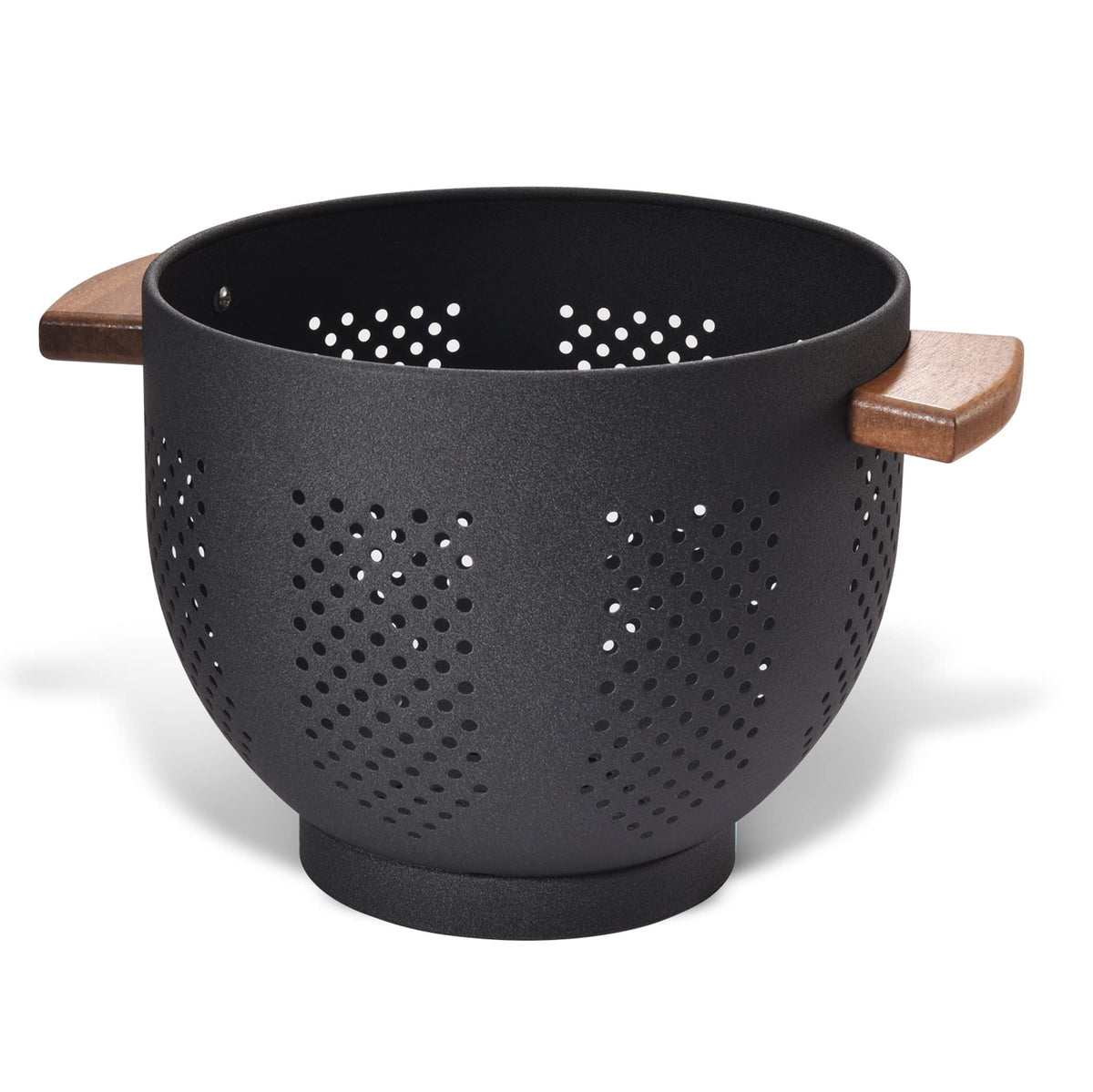 BeFare metal colander with wood handle for easy, safe vegetable draining.