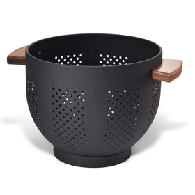 BeFare metal colander with wood handle for easy, safe vegetable draining.