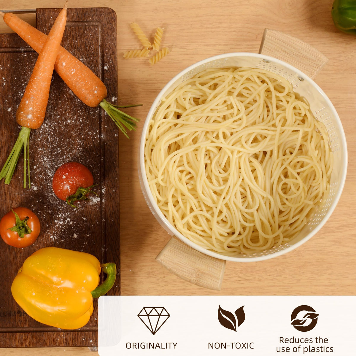 BeFare pasta drainer with wood handle offers a secure grip