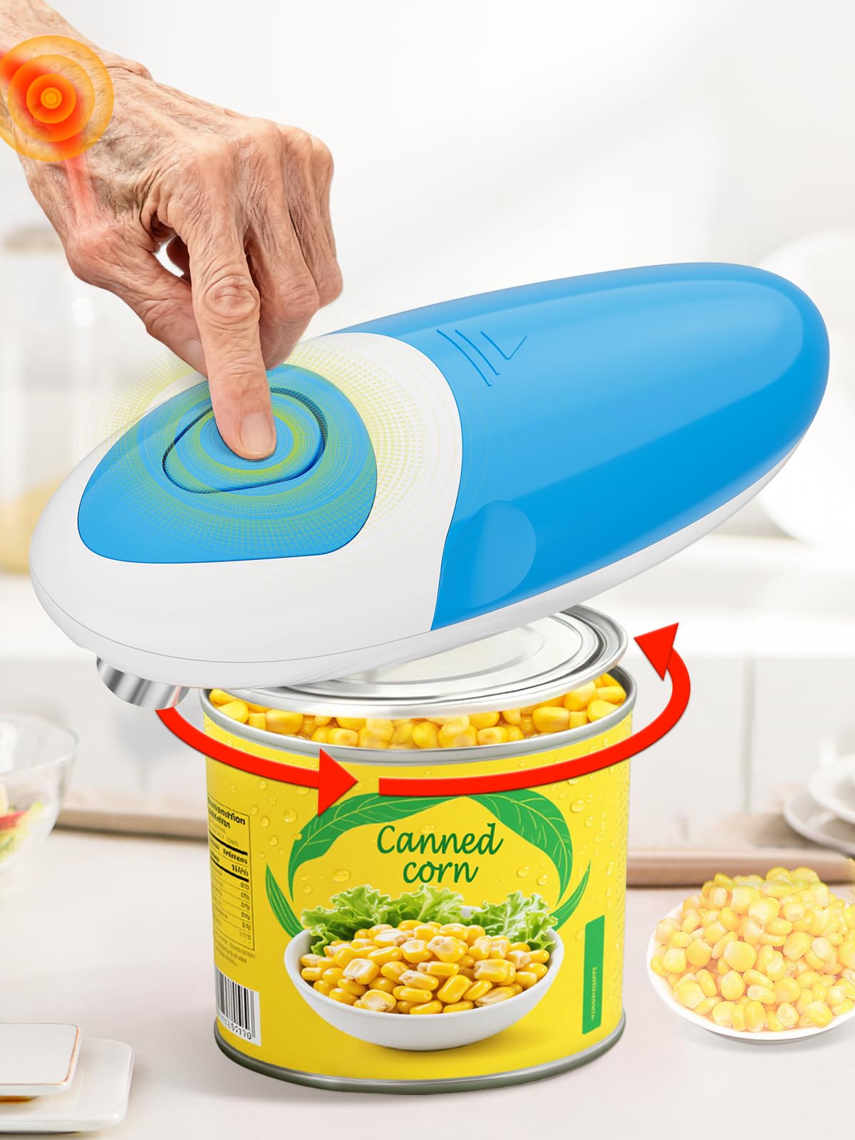 Befumly electric can opener demonstrates one-touch operation for easy use.