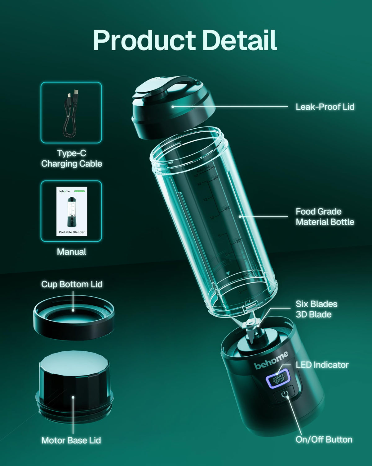 Behome 6-blade stainless steel system crushes ice for creamy shakes.