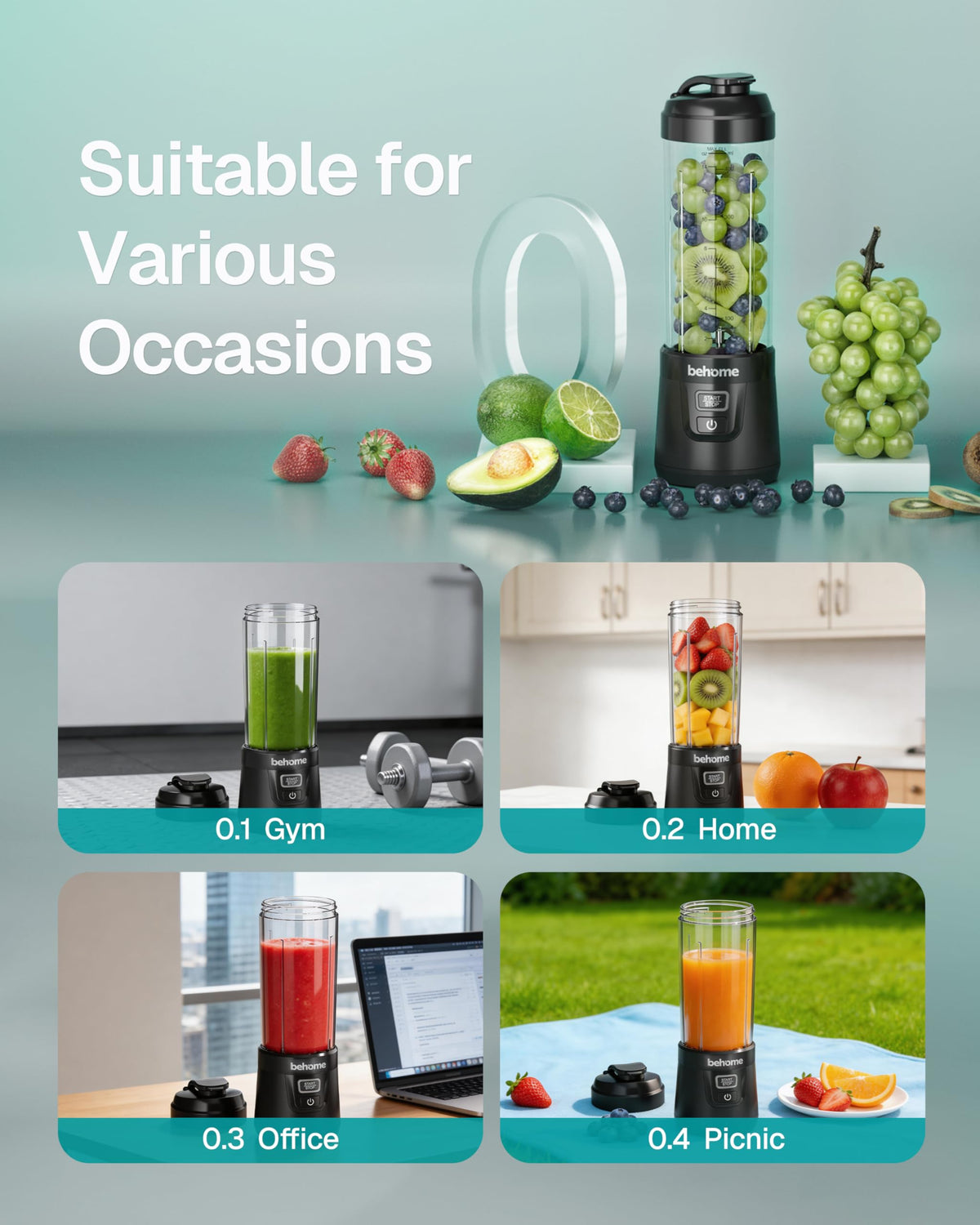 Behome portable blender in action blending smoothies at home or gym.