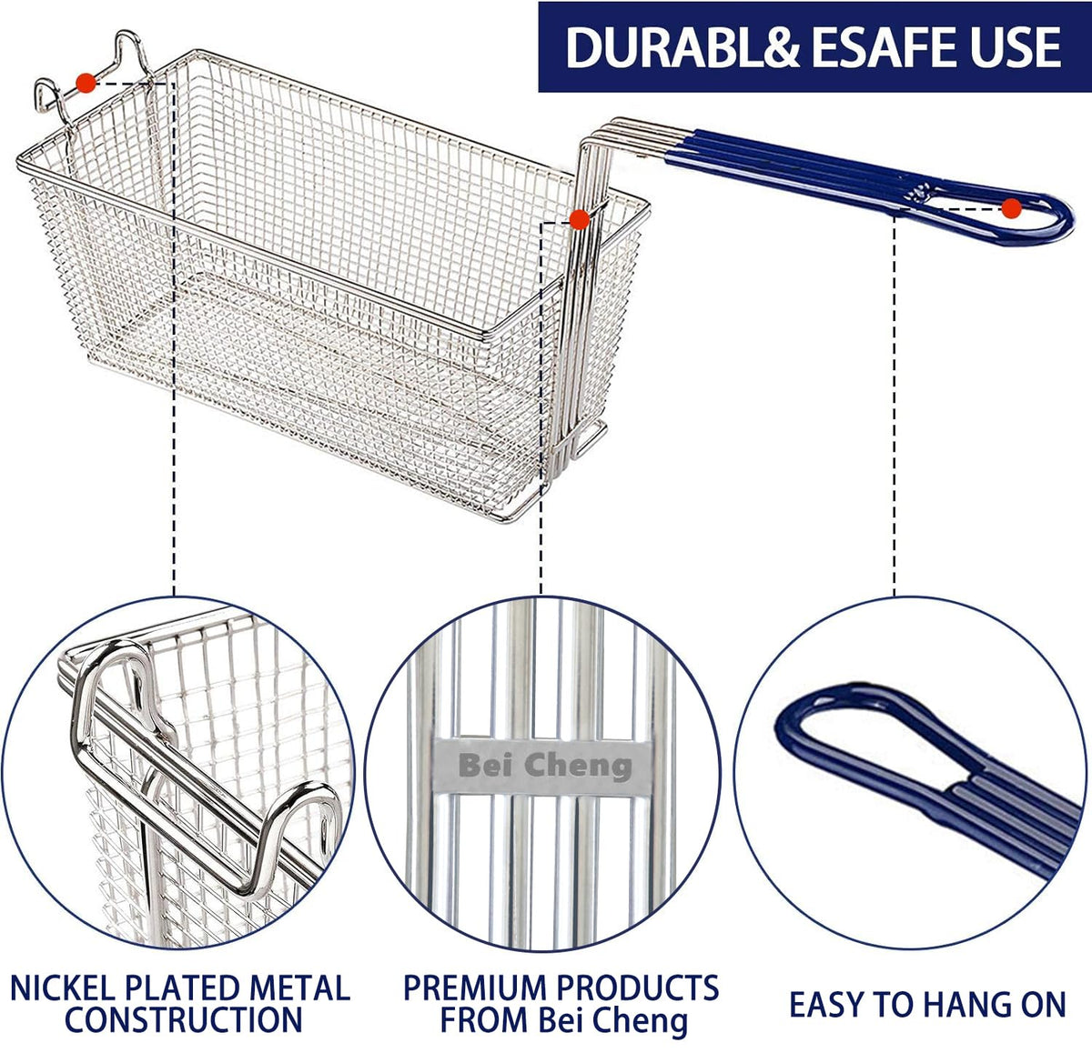 Bei Cheng basket showing hanging hook for organized storage on fryer bar.