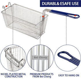 Bei Cheng basket showing hanging hook for organized storage on fryer bar.