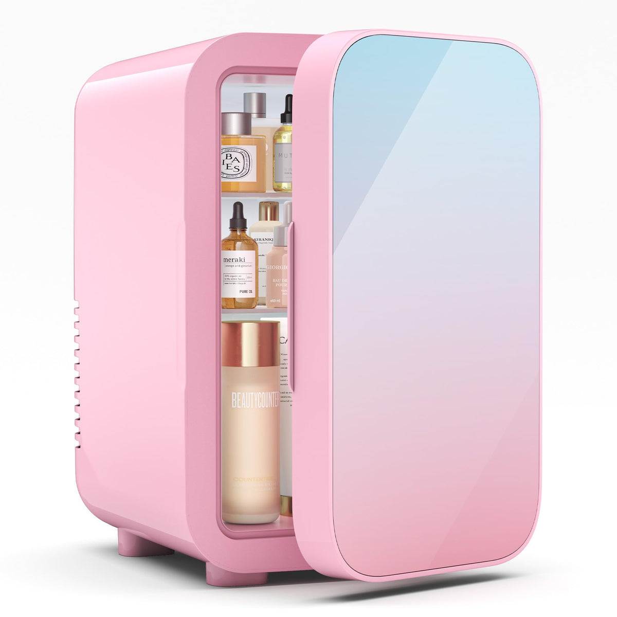 BEICHEN mini fridge 6L front view in pink gradient for compact dorm spaces and skincare.