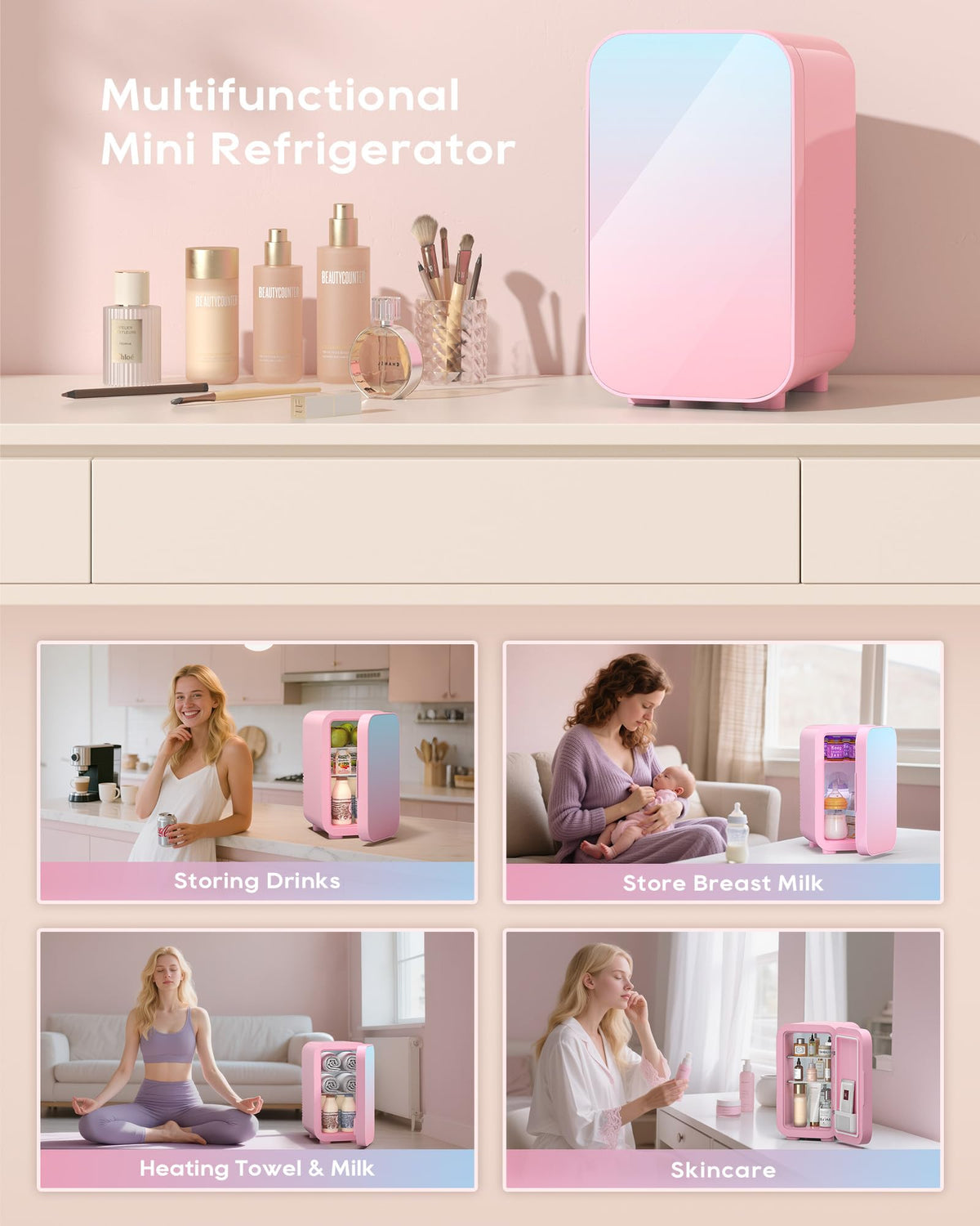 BEICHEN mini fridge interior with removable shelves, ideal for customized skincare and snack storage.