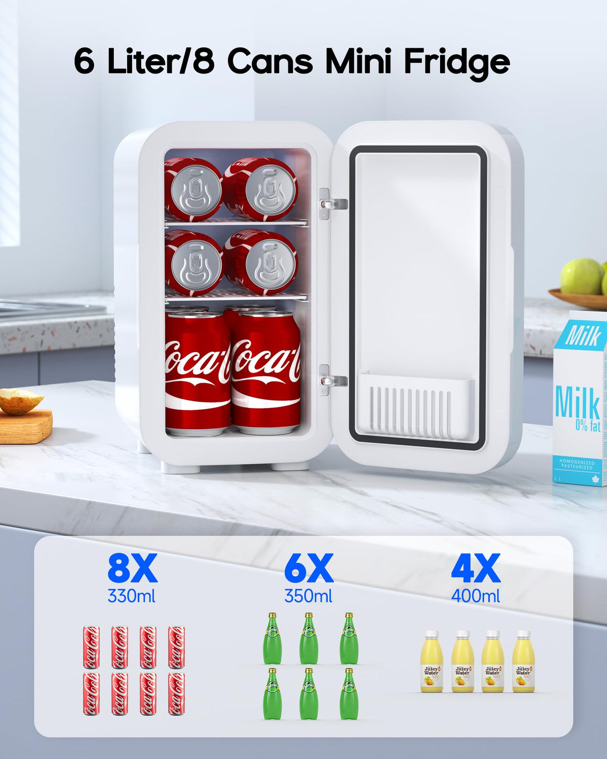 BEICHEN mini fridge with 8x16oz cans storage, ideal for dorm or desk refreshments.
