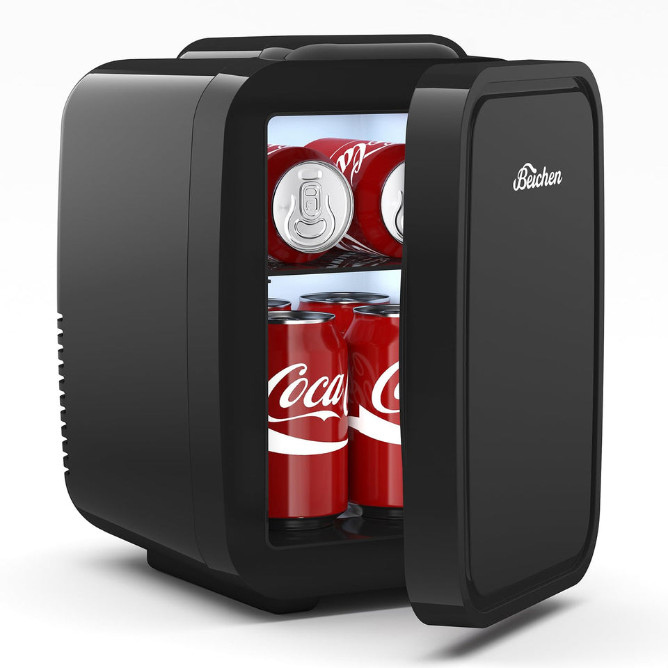 BEICHEN mini fridge on desk showing six-can capacity for drinks and skincare
