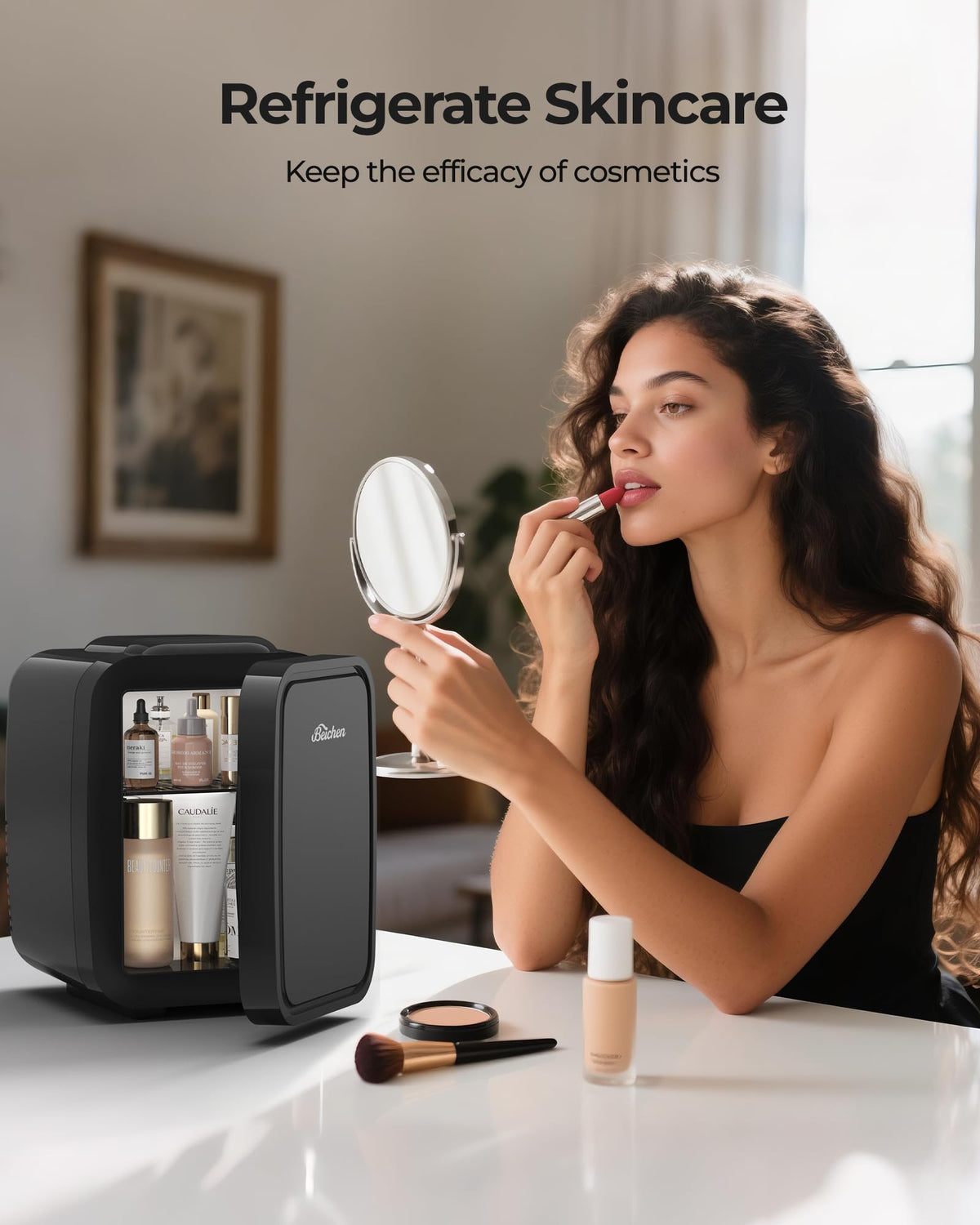 BEICHEN mini fridge front view demonstrates compact size for small spaces