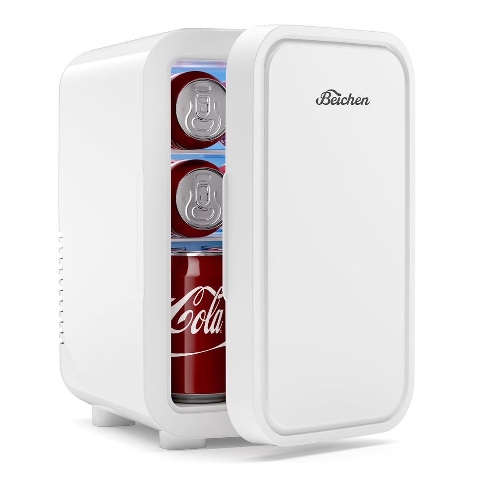BEICHEN mini fridge interior view showing compact 6L capacity for skincare and drinks.