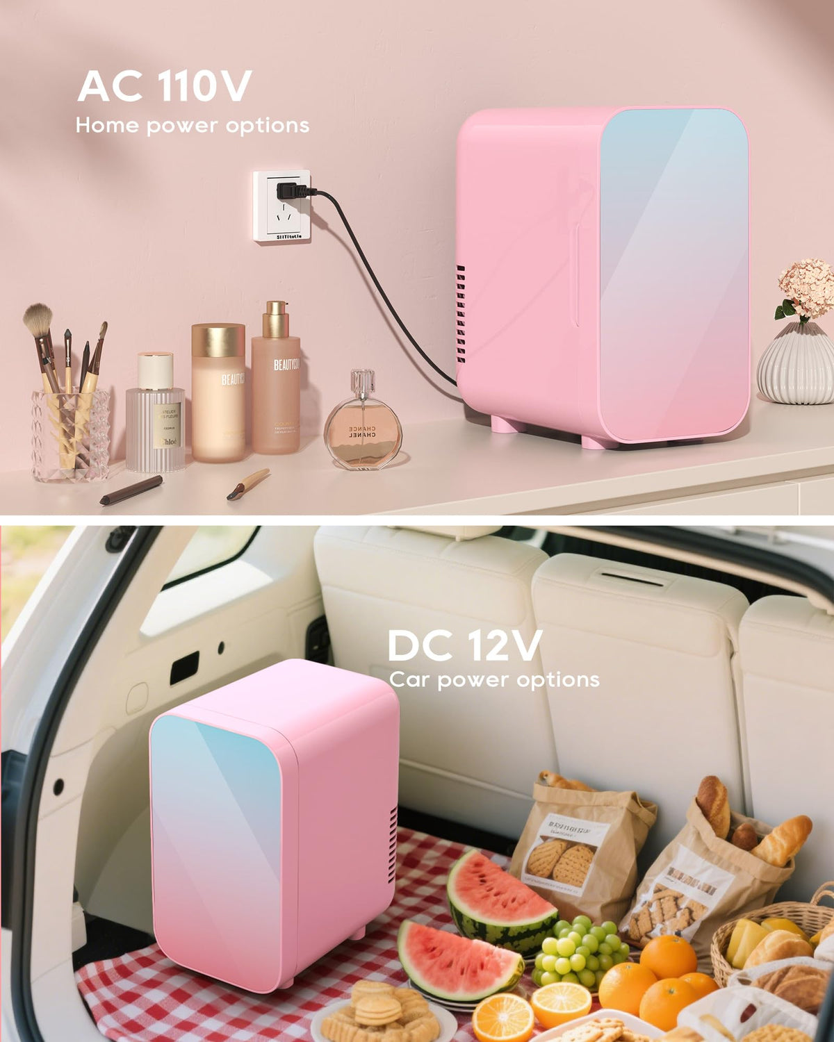 BEICHEN mini fridge operates quietly while storing cosmetics and snacks overnight.
