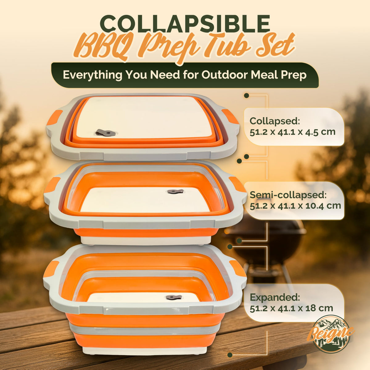 Beigne XL collapsible prep tub with cutting board surface for easy prep.