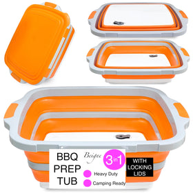 Beigne XL collapsible prep tub with lid keeps juices contained during prep.
