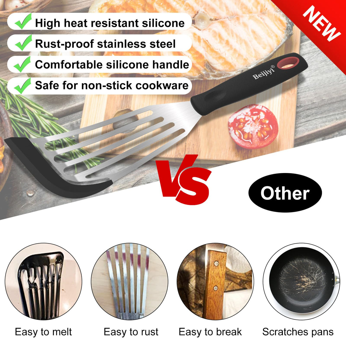 Beijiyi silicone-edge spatula protects nonstick surfaces during flipping.
