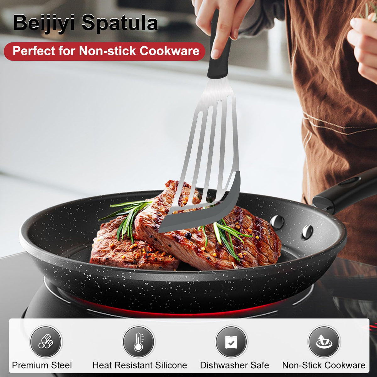 Beijiyi nonstick-friendly spatula with durable handle reduces heat transfer during use.