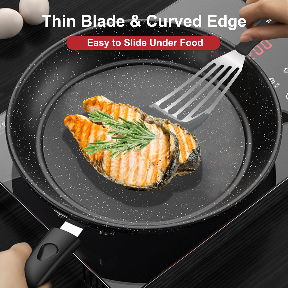 Beijiyi silicone-edge spatula closeup highlights flexible blade for easy sliding under food.