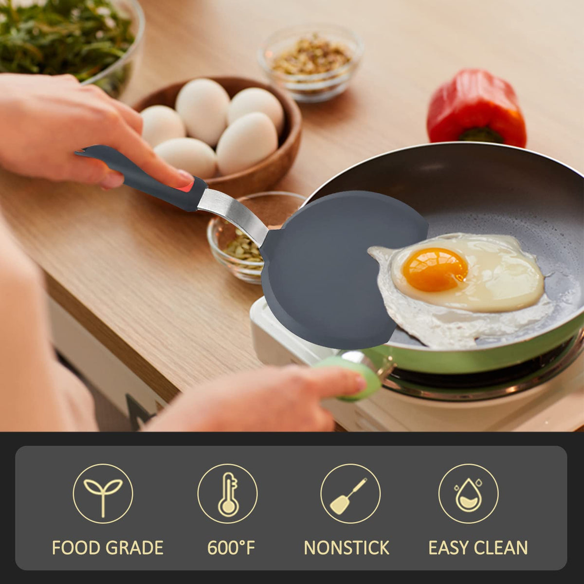 Beijiyi silicone spatula egg-flip in action, flexible edge slides under delicate foods