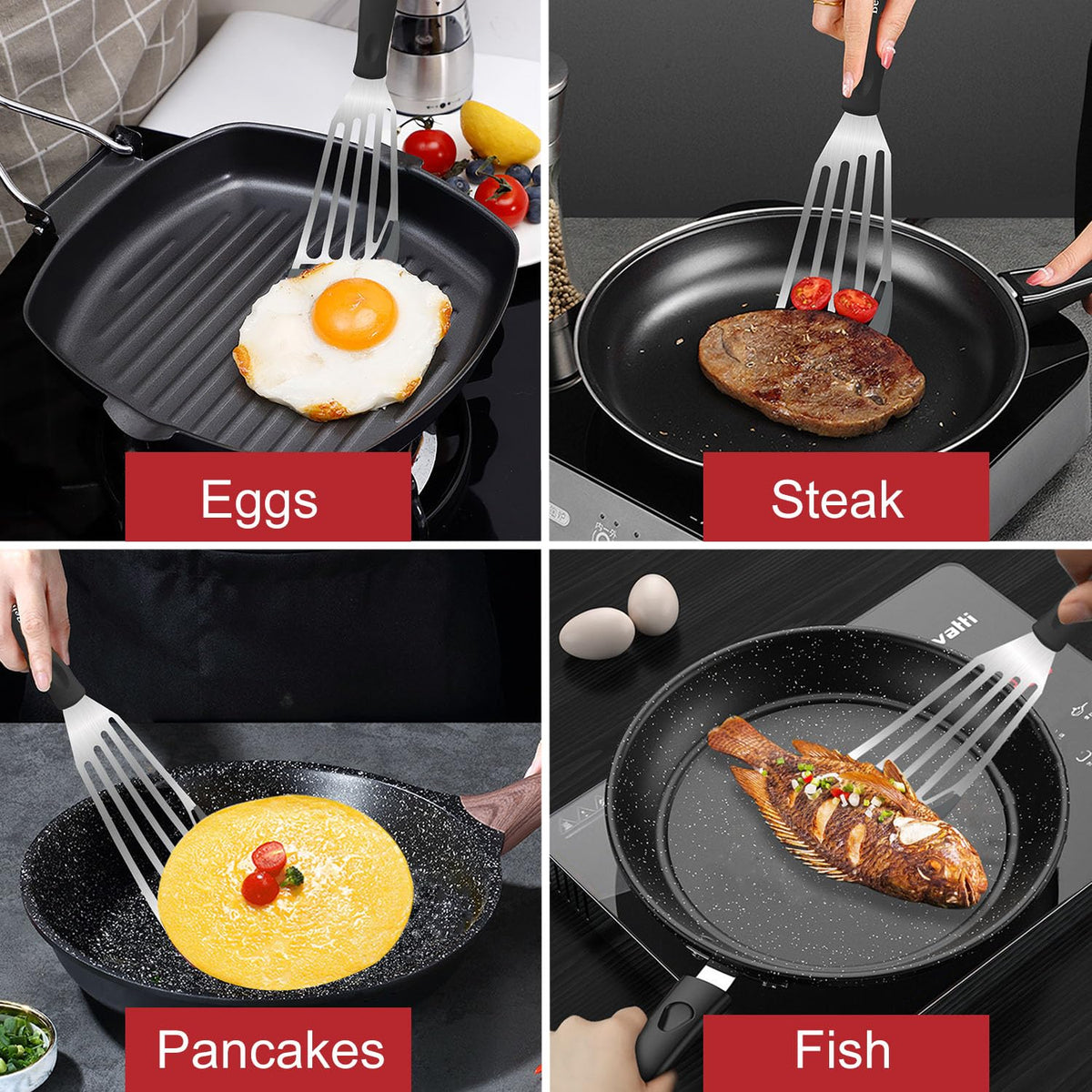 Beijiyi slotted-design spatula closeup shows drainage to reduce oil while cooking.