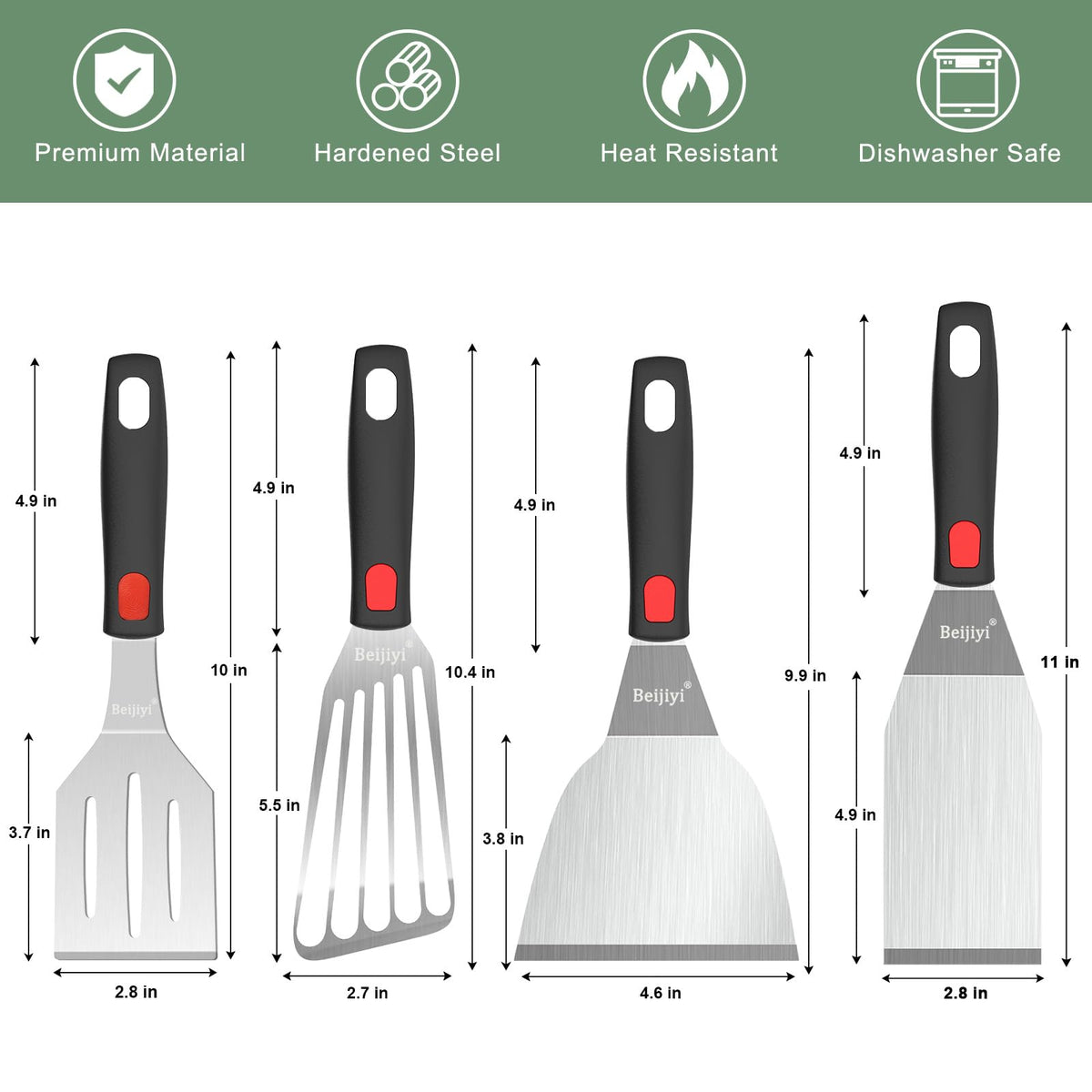 Beijiyi spatula set displayed ready for dishwasher cleaning.