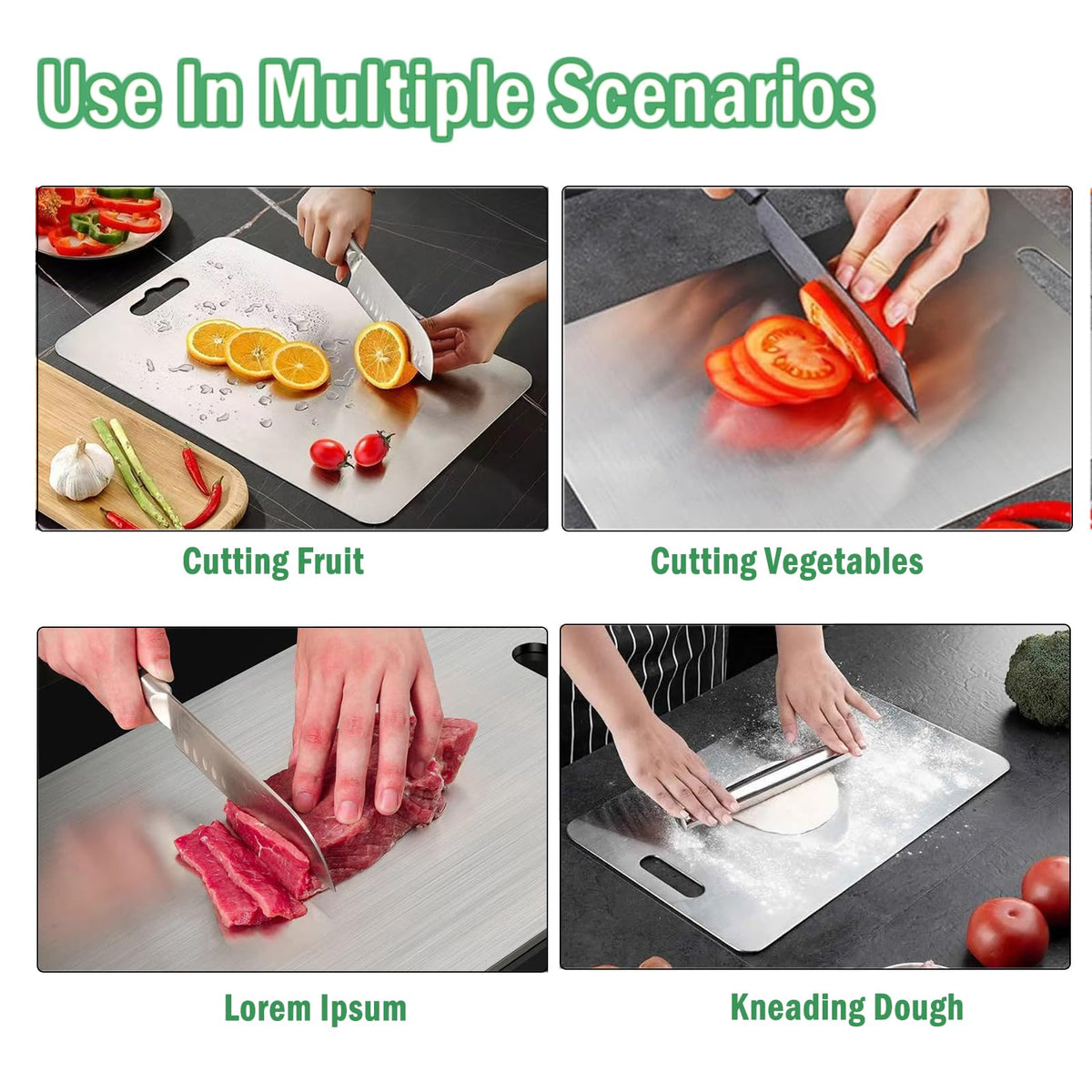Beikity titanium cutting board back side for meat, double-sided convenience.