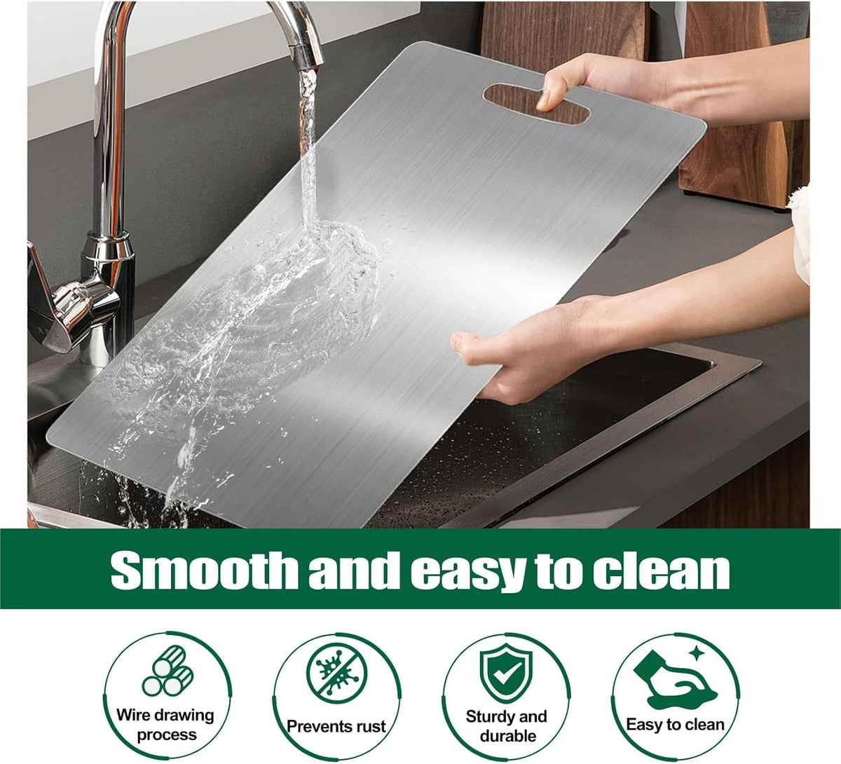 Beikity titanium cutting board easy to clean with water.
