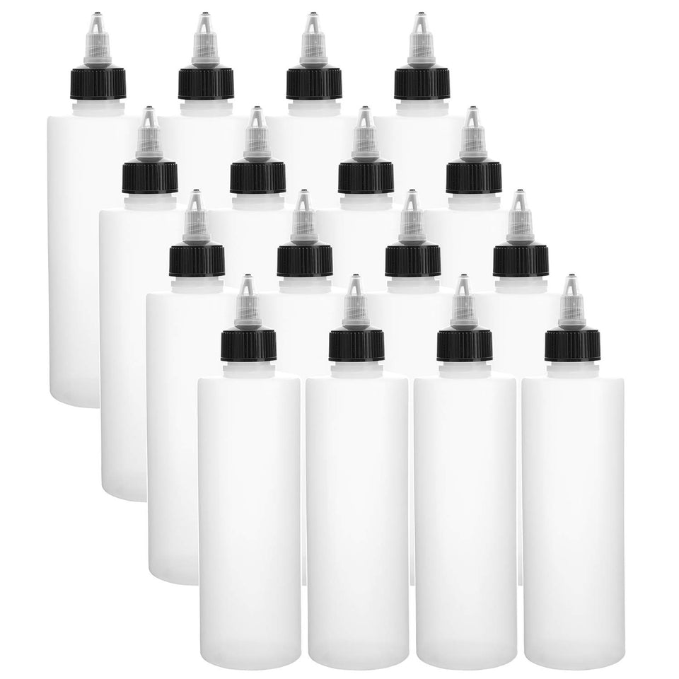 Bekith 16-pack 8oz squeeze bottles with twist top caps for precise icing and sauces.