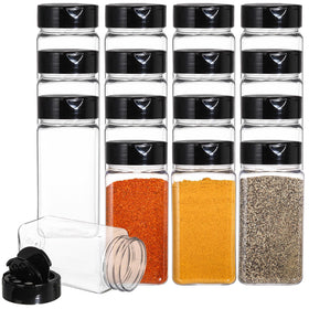 Bekith 16-pack 9 oz spice jars with clear bodies and dustproof lids for organized storage.