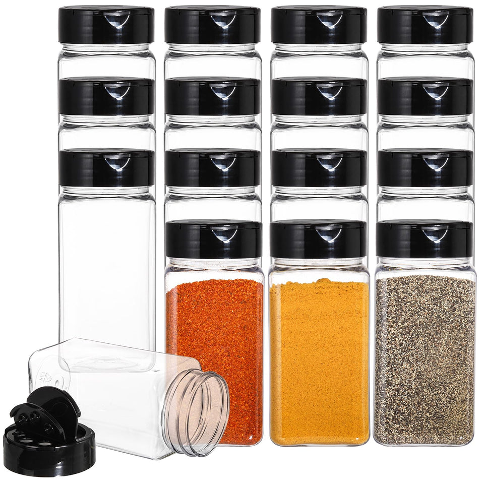 Bekith 16-pack 9 oz spice jars with clear bodies and dustproof lids for organized storage.
