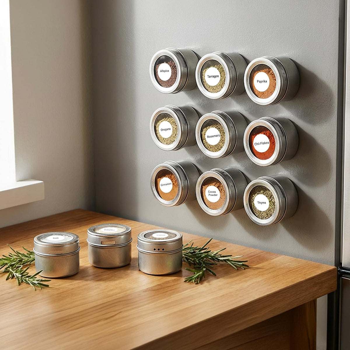 Bekith compact 3 ounce spice tins save space while keeping contents visible