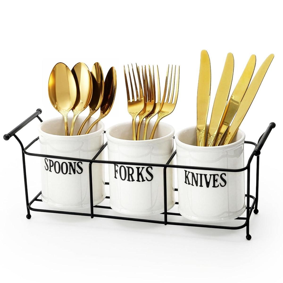 Bekith 3-piece white ceramic silverware caddy with black metal rack for organized table service.