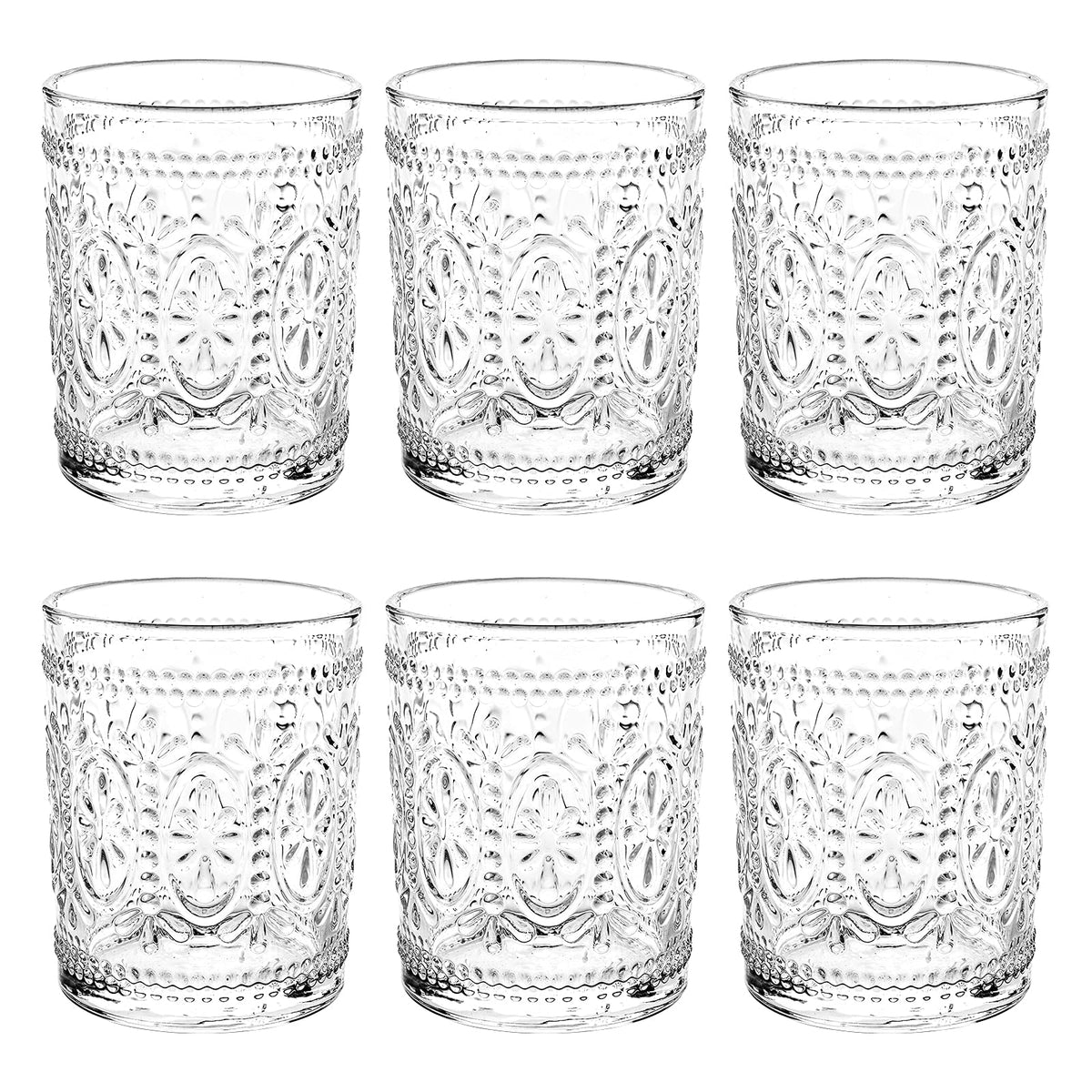 Bekith 6-pack drinking glasses with 9.5 oz capacity, ideal for cocktails and beverages.