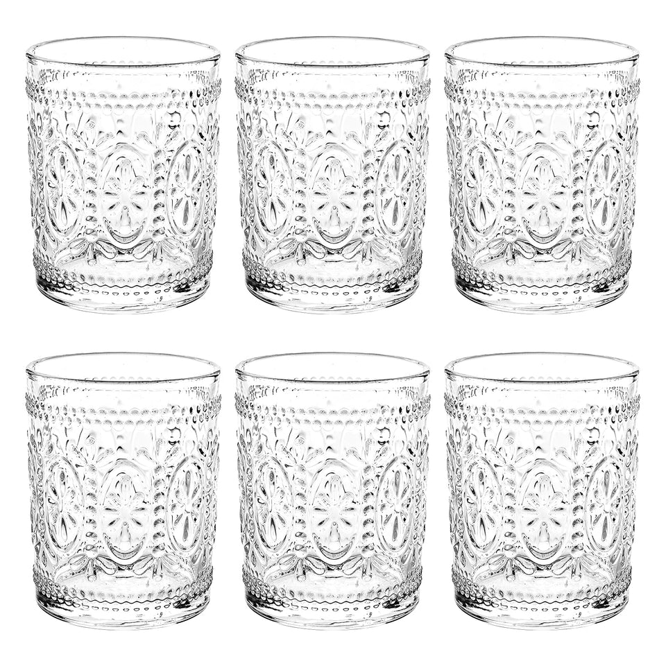 Bekith 6-pack drinking glasses with 9.5 oz capacity, ideal for cocktails and beverages.