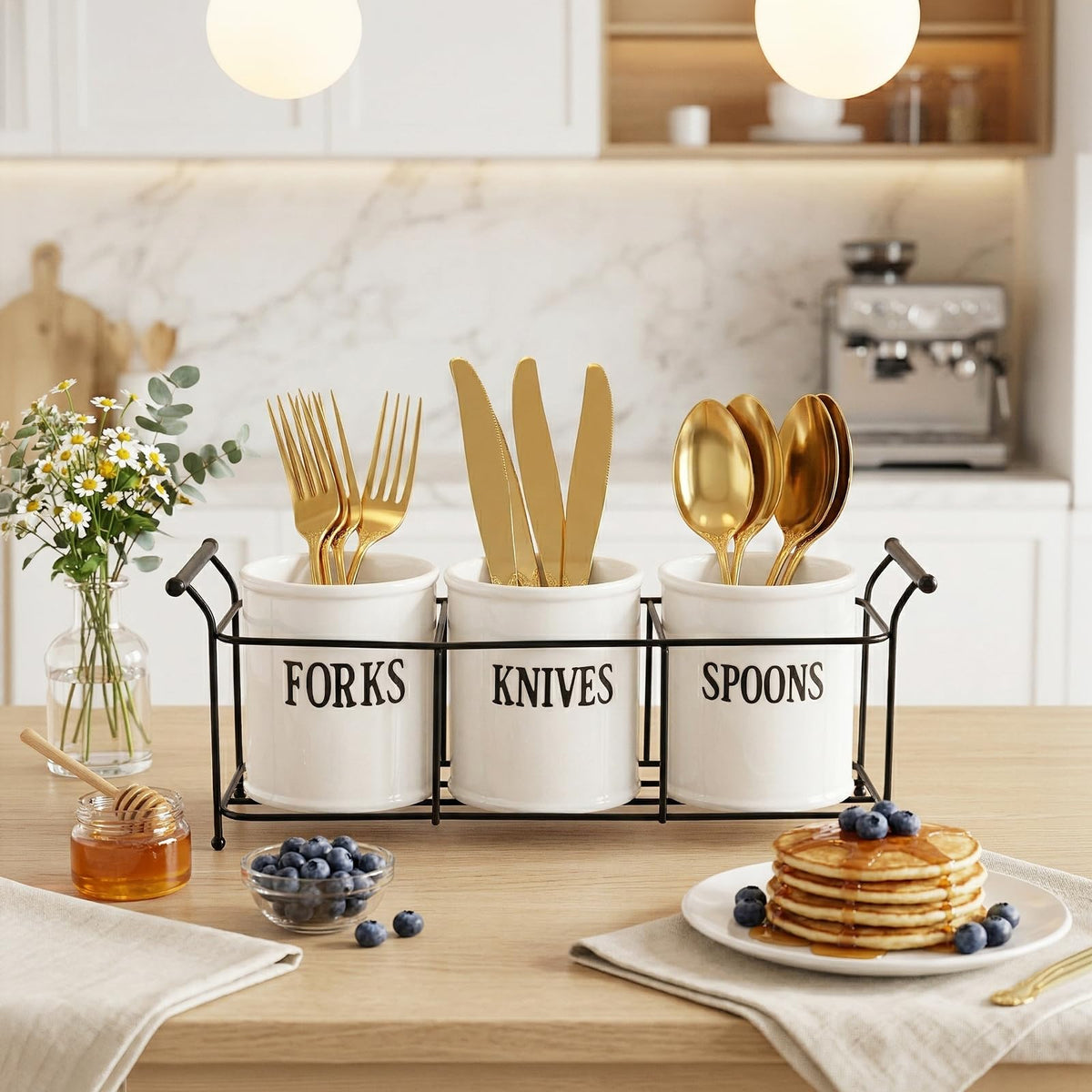 Bekith black metal rack complements the white ceramic caddy for a sleek look.