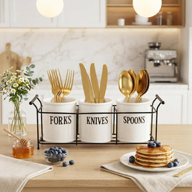Bekith black metal rack complements the white ceramic caddy for a sleek look.