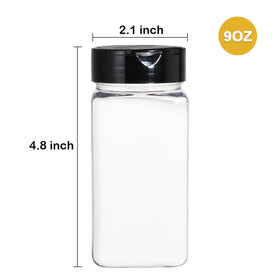 Bekith spice bottles with flip-top lids for shake or pour use in kitchen.