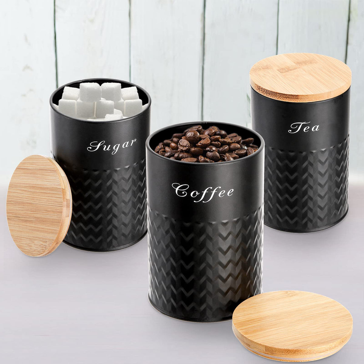 Bekith canisters keep coffee, tea, and sugar neatly organized on your counter.