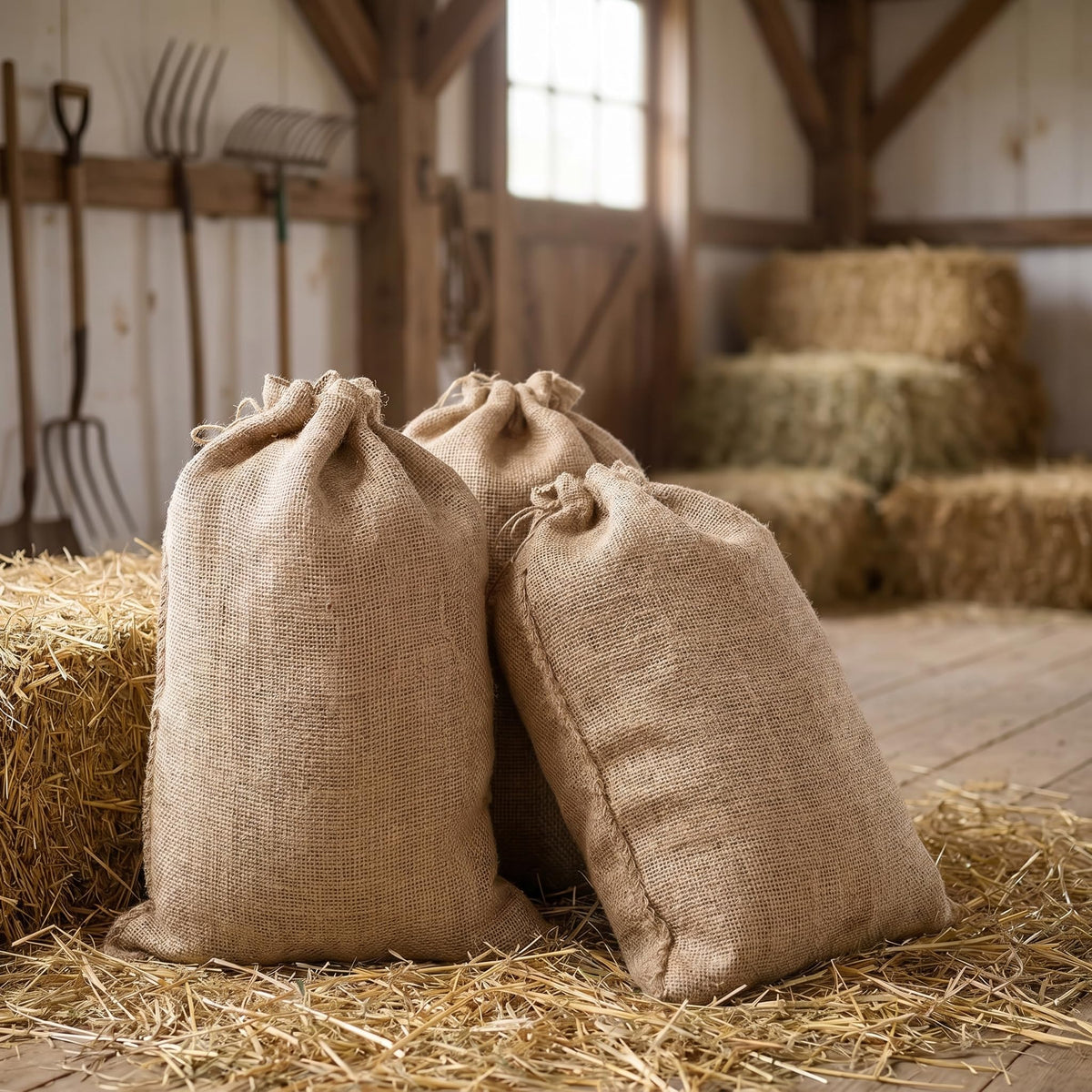 Bekith natural burlap sacks laid flat to show size and durability.