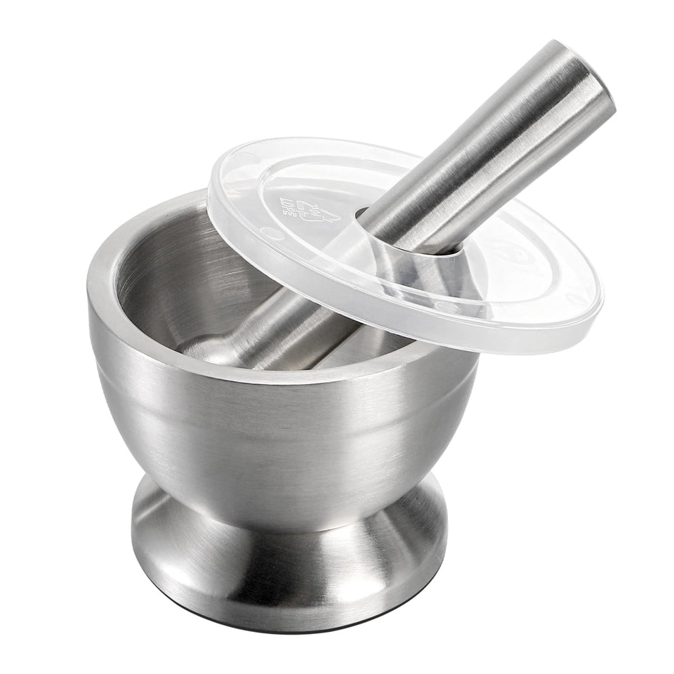 Bekith mortar and pestle with brushed stainless bowl for durable herb grinding.