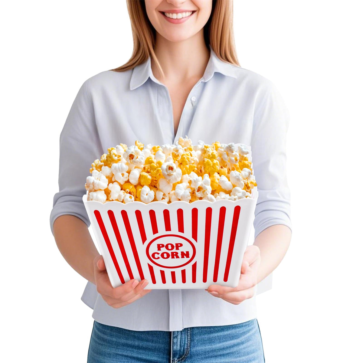 Bekith striped popcorn bucket adds festive party flair.