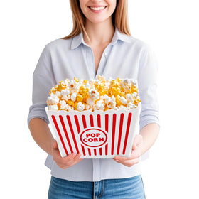 Bekith striped popcorn bucket adds festive party flair.