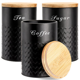 Bekith three-pack canisters with black metal lids on shelf for organized storage.