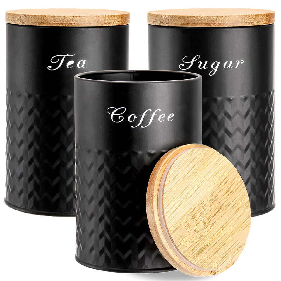 Bekith three-pack canisters with black metal lids on shelf for organized storage.