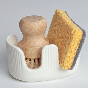 BekPooQ ceramic sponge holder with two slots keeps sponges organized and dry.