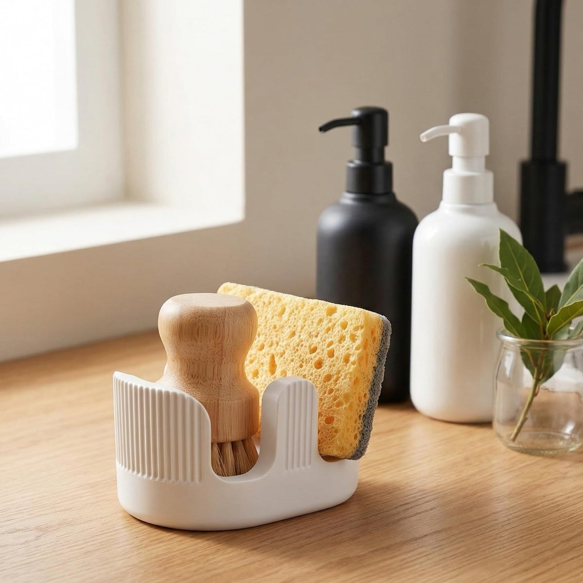 BekPooQ fits two standard sponges, plus dish brushes.