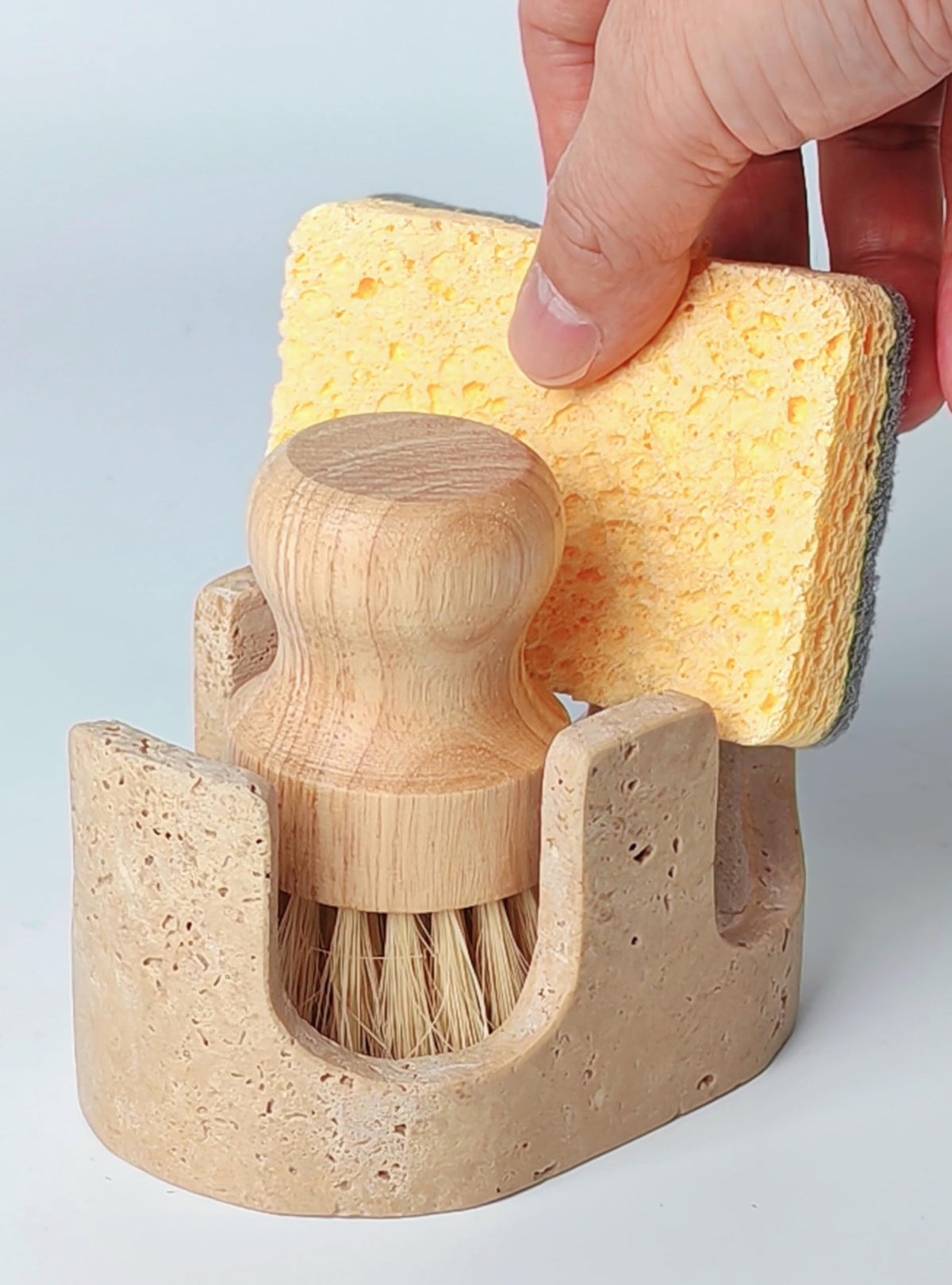 BekPooQ travertine sponge holder beige with dual slots keeps sponges dry