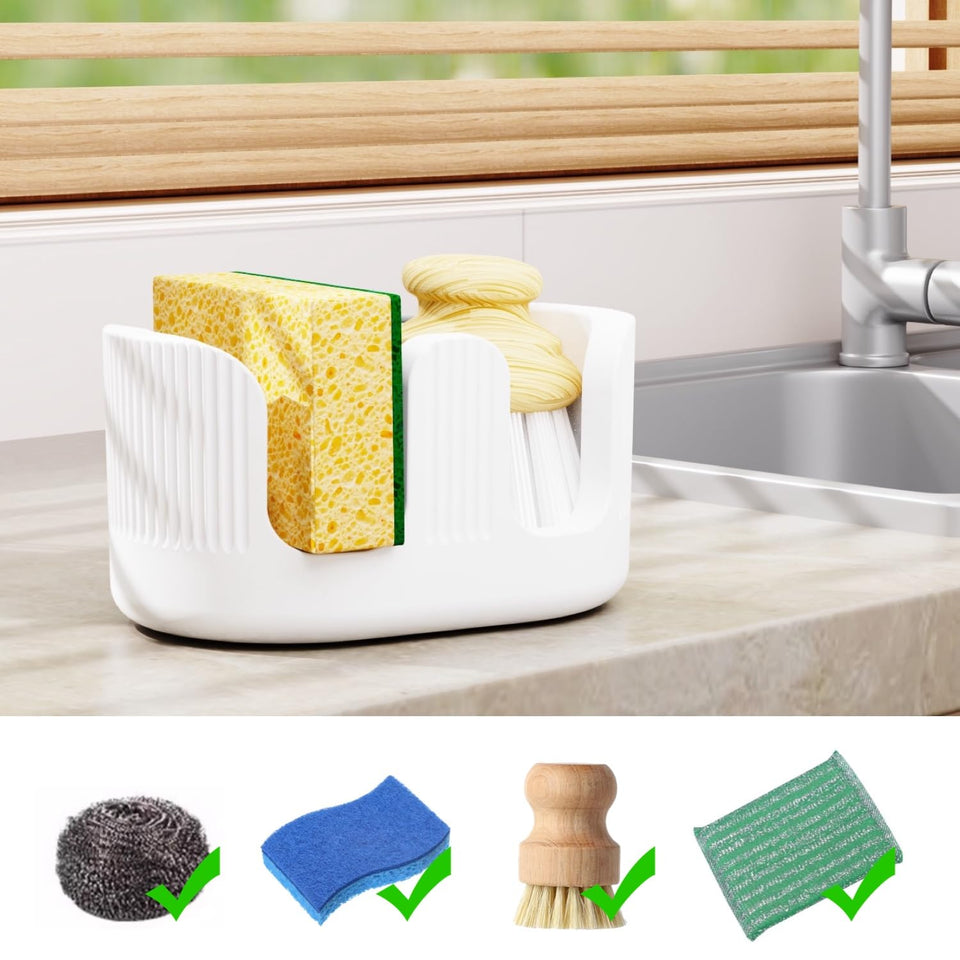 BekPooQ ultra-absorbent stone sponge holder for kitchen sink, two slots keep sponges dry.