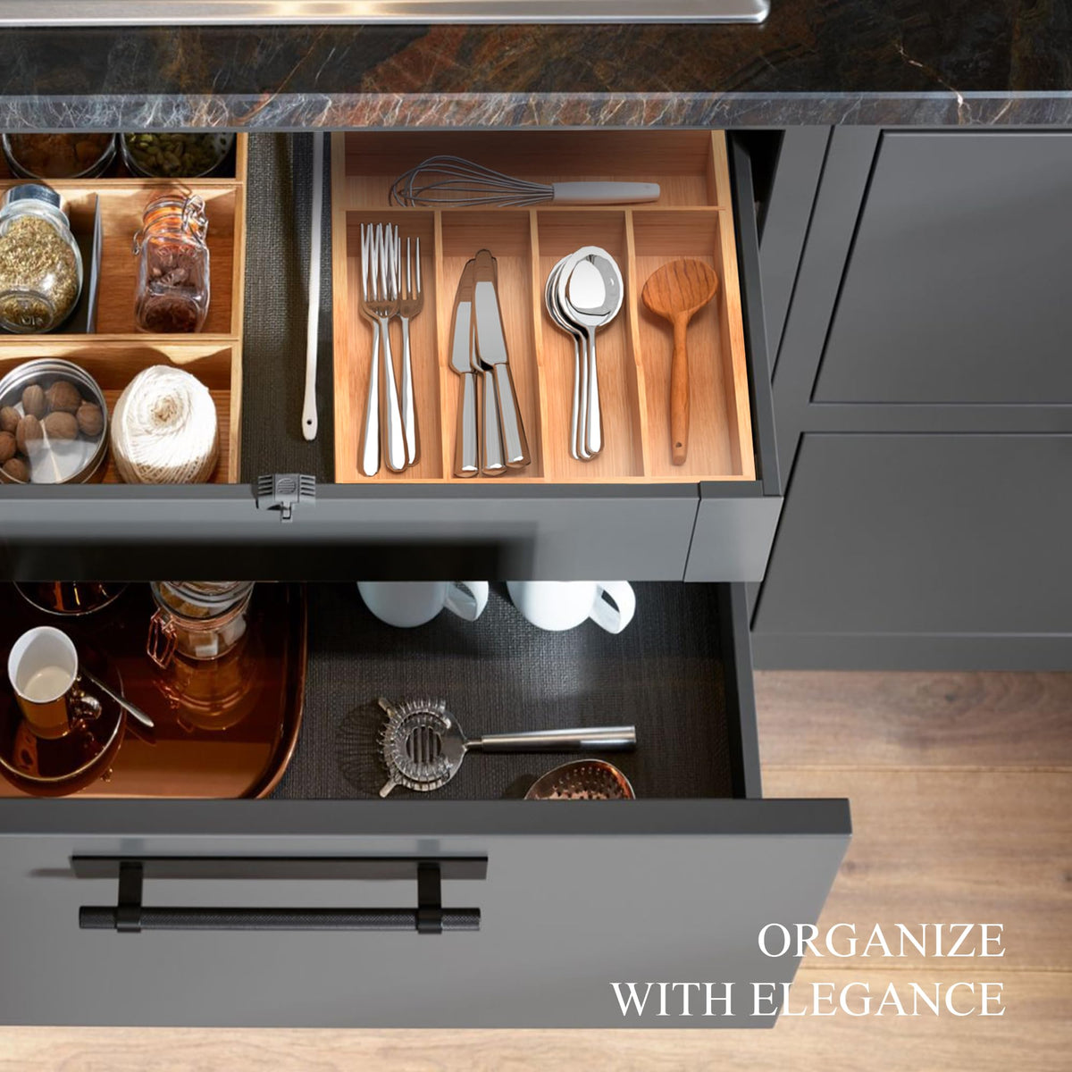 BEKVEM expandable bamboo drawer tray adjusts to fit