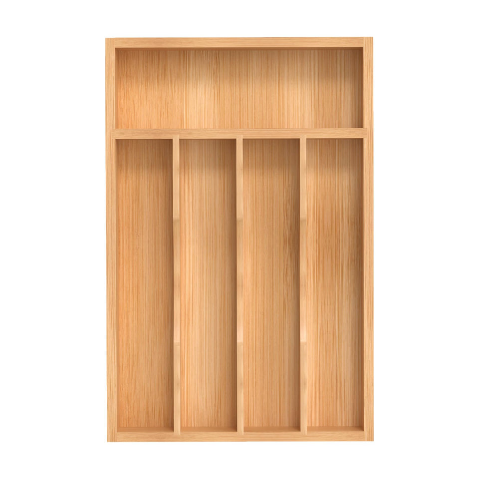 BEKVEM bamboo silverware organizer in a drawer with grooved dividers for neat storage