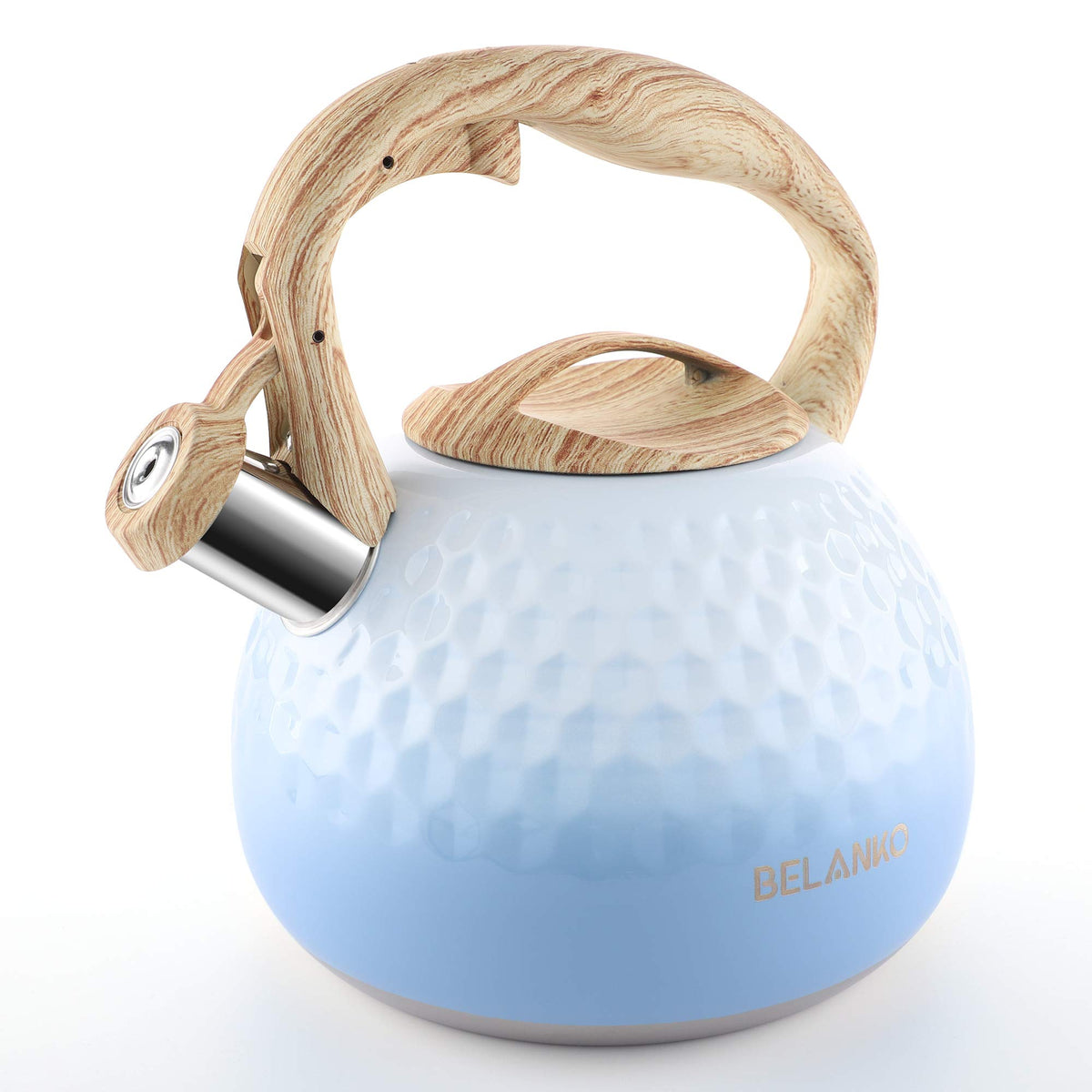 Belanko gradient blue tea kettle on stove with a cool-touch handle for safe pouring.